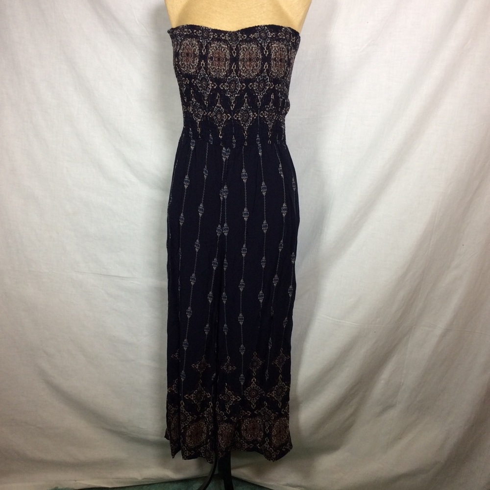 Becool Strapless Jumpsuit (Romper) Navy Blue w/white & red geometric print Sz S